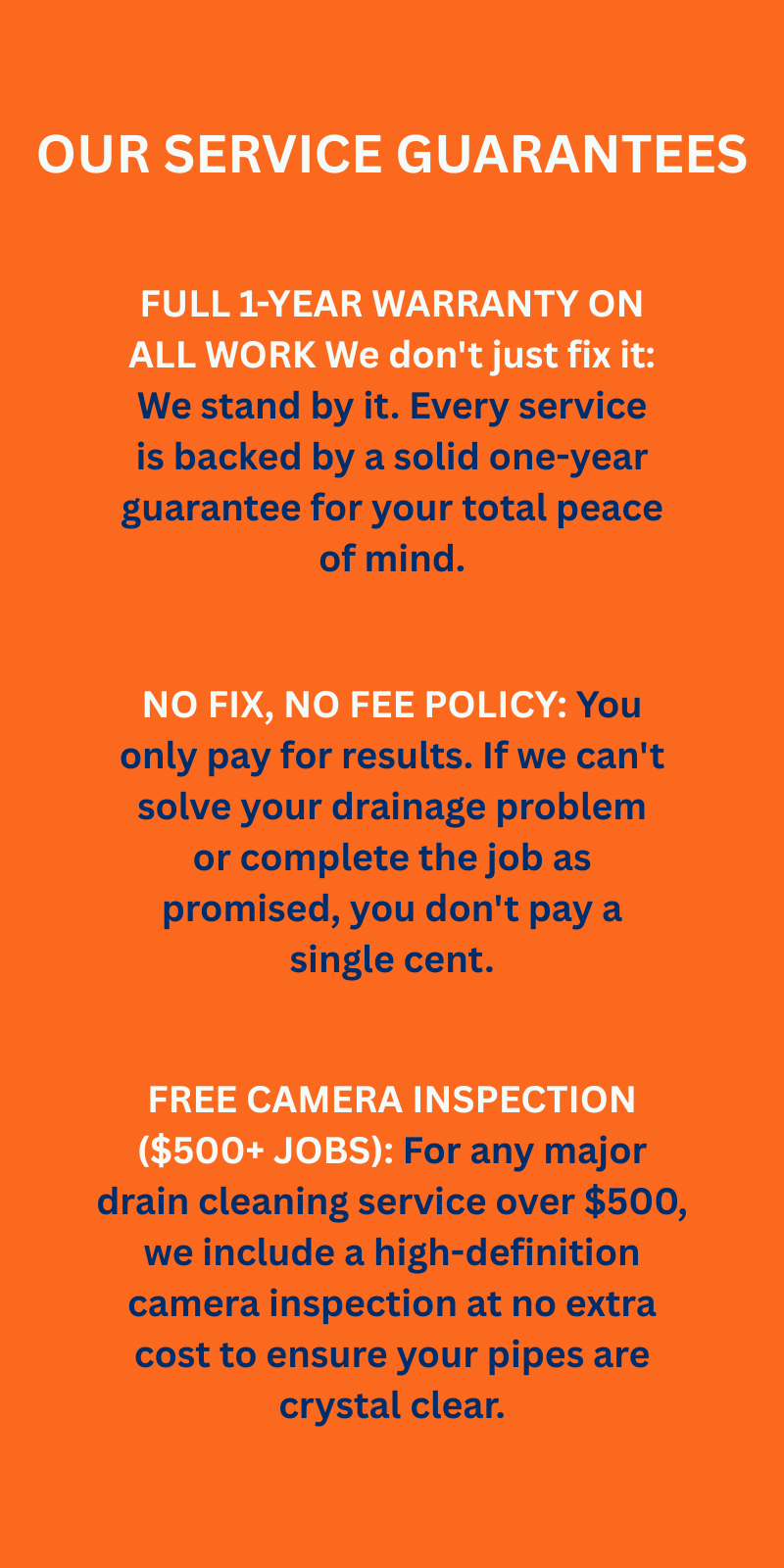 Professional drain cleaning guarantees in Philadelphia: 1-year warranty, No Fix-No Fee policy, and free camera inspection for services over $500 by Insta Drain & Sewer.